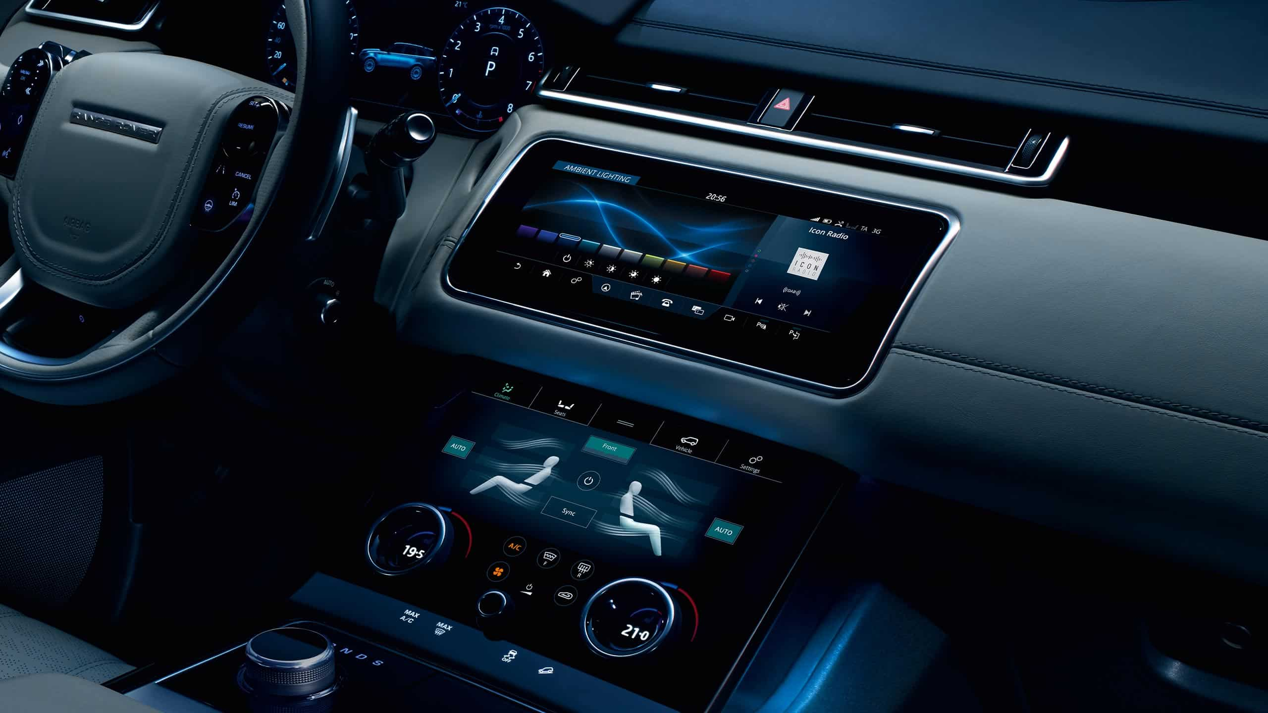 Center console and screen of a luxury Velar