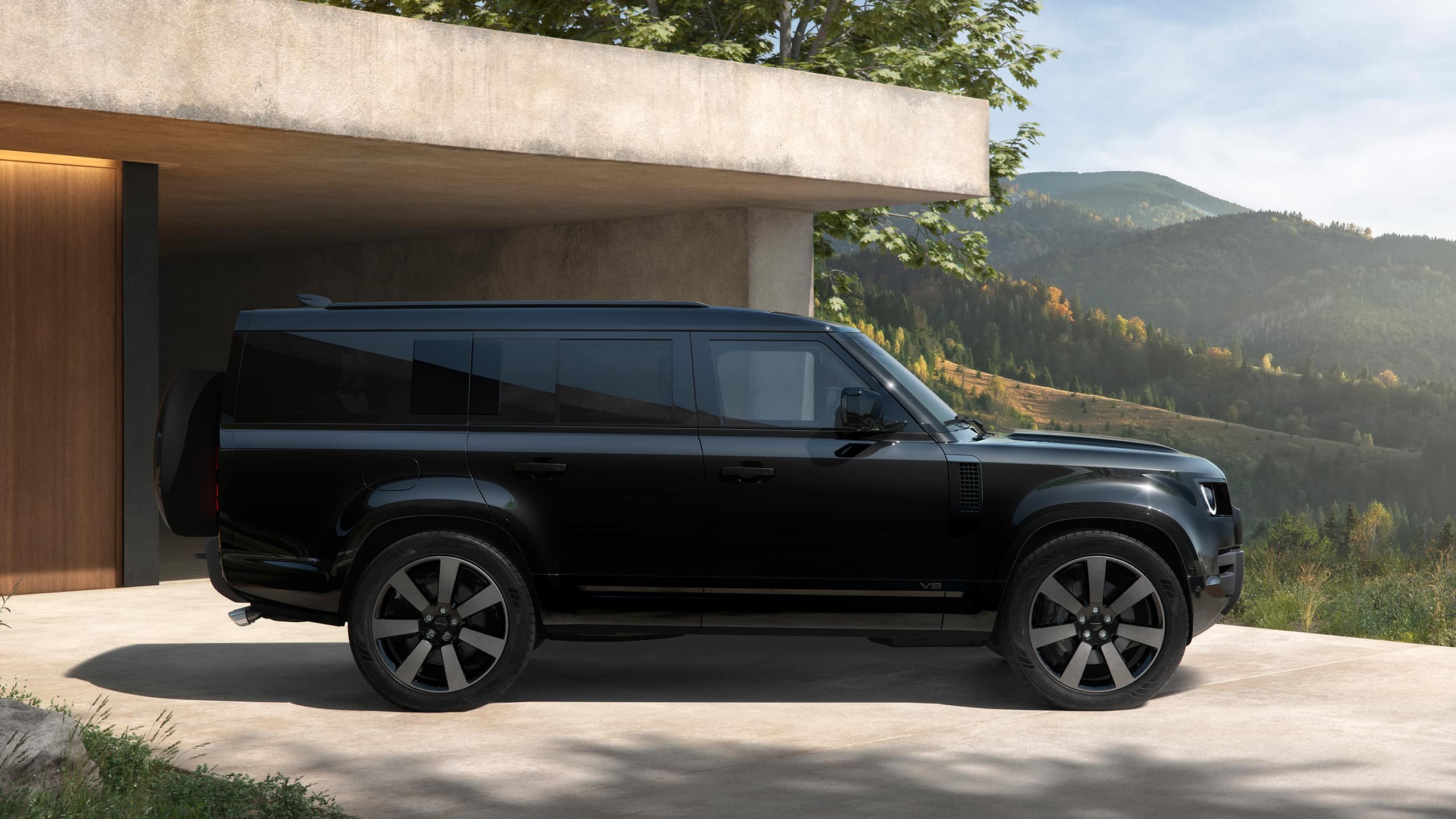 Side view of Defender parked